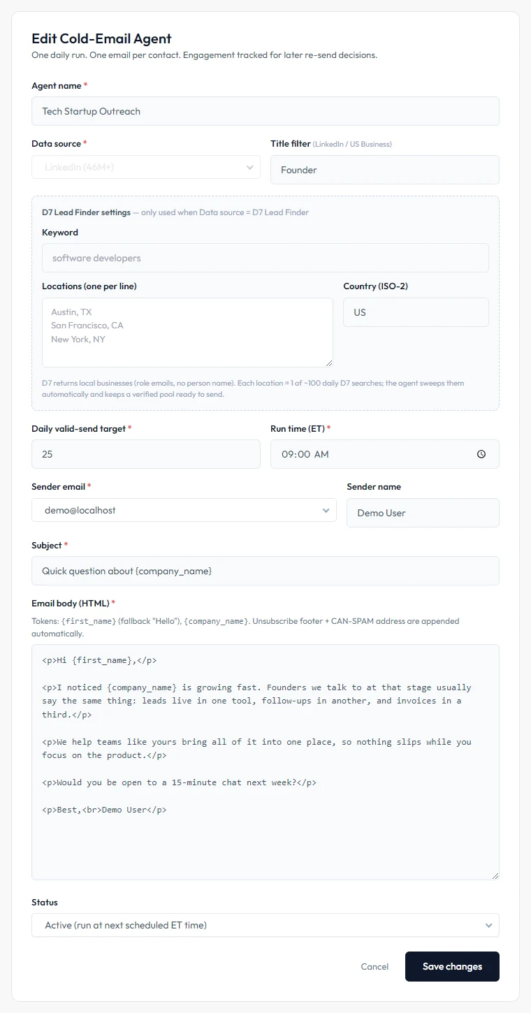 Edit agent form for Tech Startup Outreach: LinkedIn data source, Founder title filter, 25 sends a day at 9:00 AM ET, and a personalised email using first name and company name