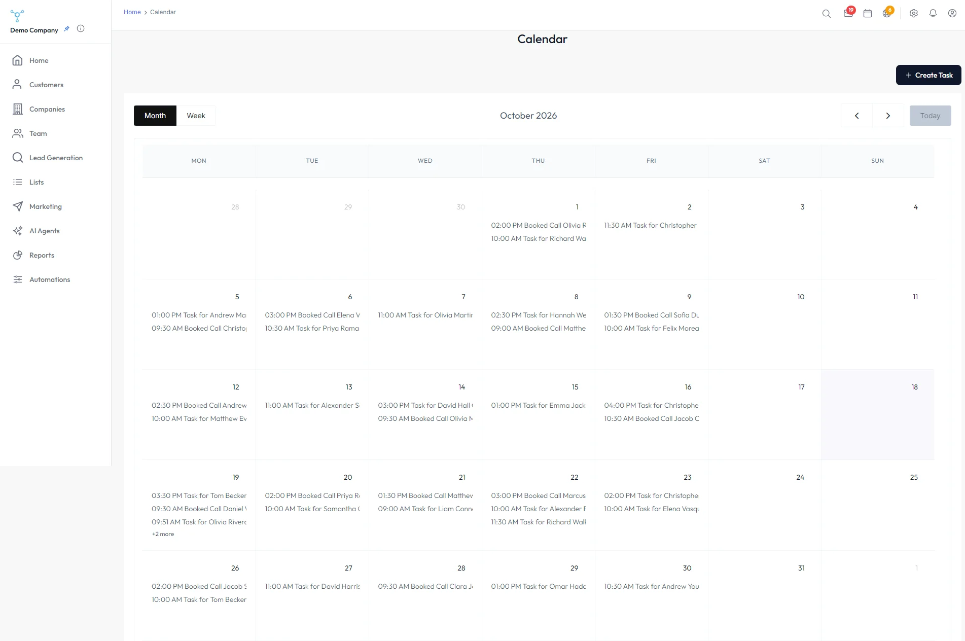 October month calendar with tasks and booked calls on every weekday