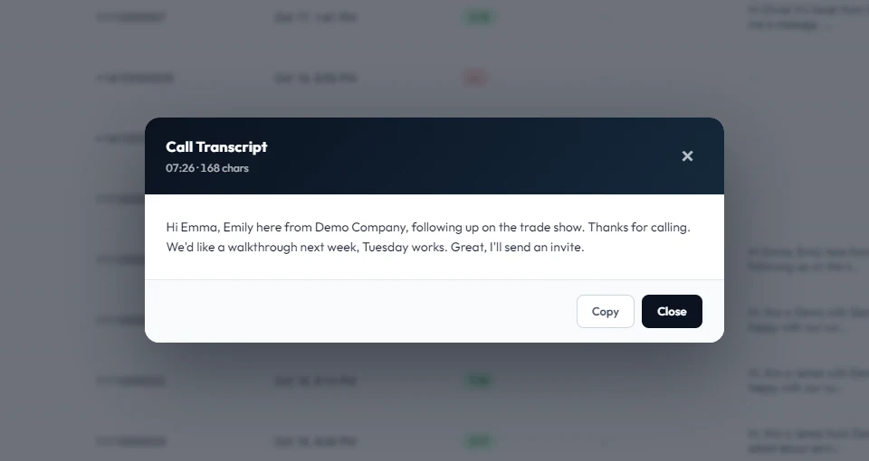 Call transcript opened from the dialer's recent calls, with Copy and Close buttons