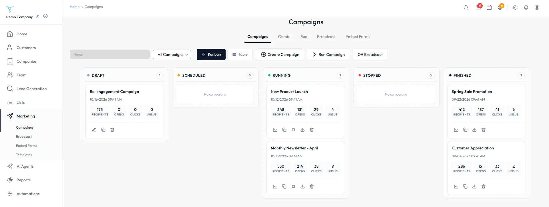 Campaigns board with draft, running and finished campaigns and their recipients, opens, clicks and unsubscribes