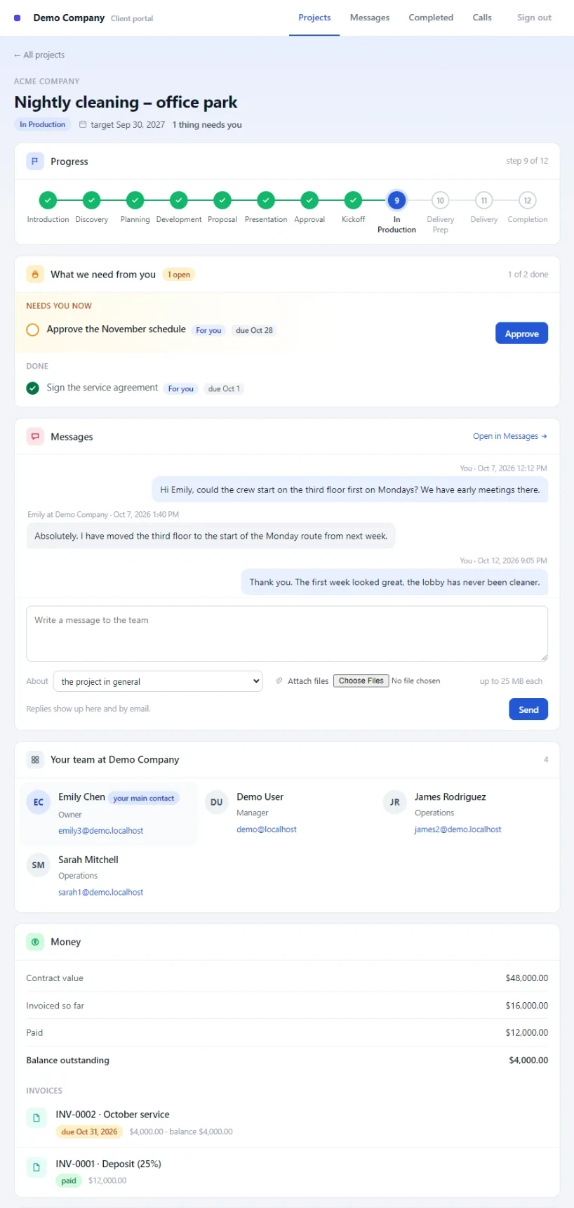 Client portal for the office-park job: progress at step 9 of 12, an approval waiting on the client, messages with Emily, the team, and invoices with a $4,000 balance