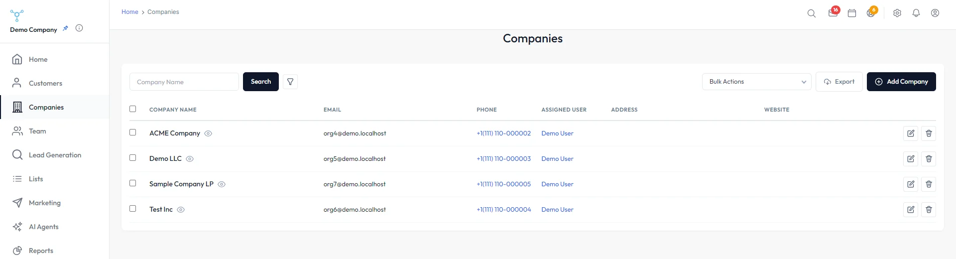 Companies list with each company's email, phone and assigned user
