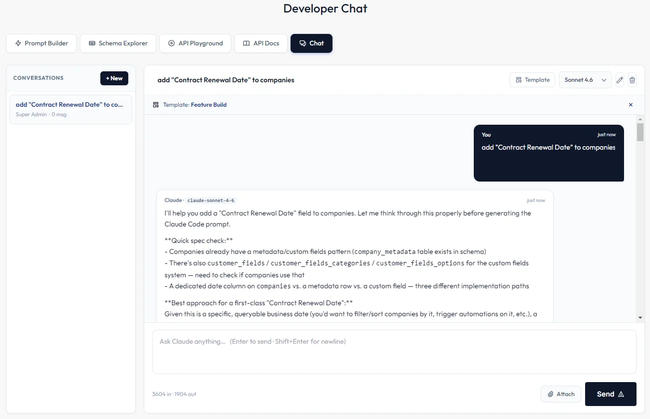Developer Chat: asked to add a Contract Renewal Date to companies, Claude checks the existing company_metadata and custom-field tables and weighs a date column, a metadata row or a custom field before writing the Claude Code prompt
