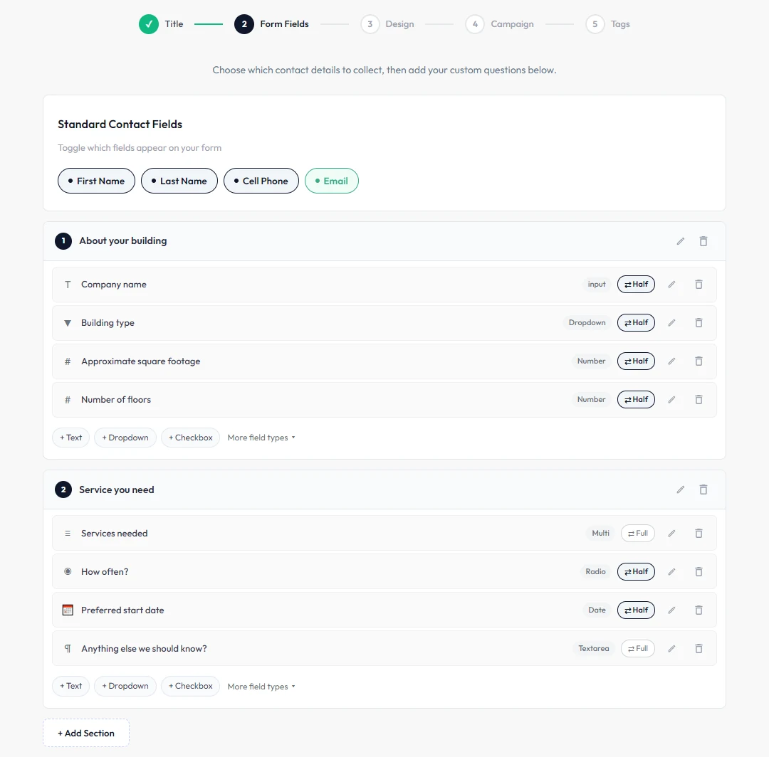 Advanced form builder for a Request a cleaning quote form: standard contact fields and two sections of custom questions with their types and widths