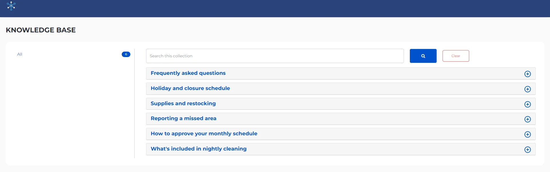 Public knowledge base with a search box and six client help articles, from what's included in nightly cleaning to the holiday schedule