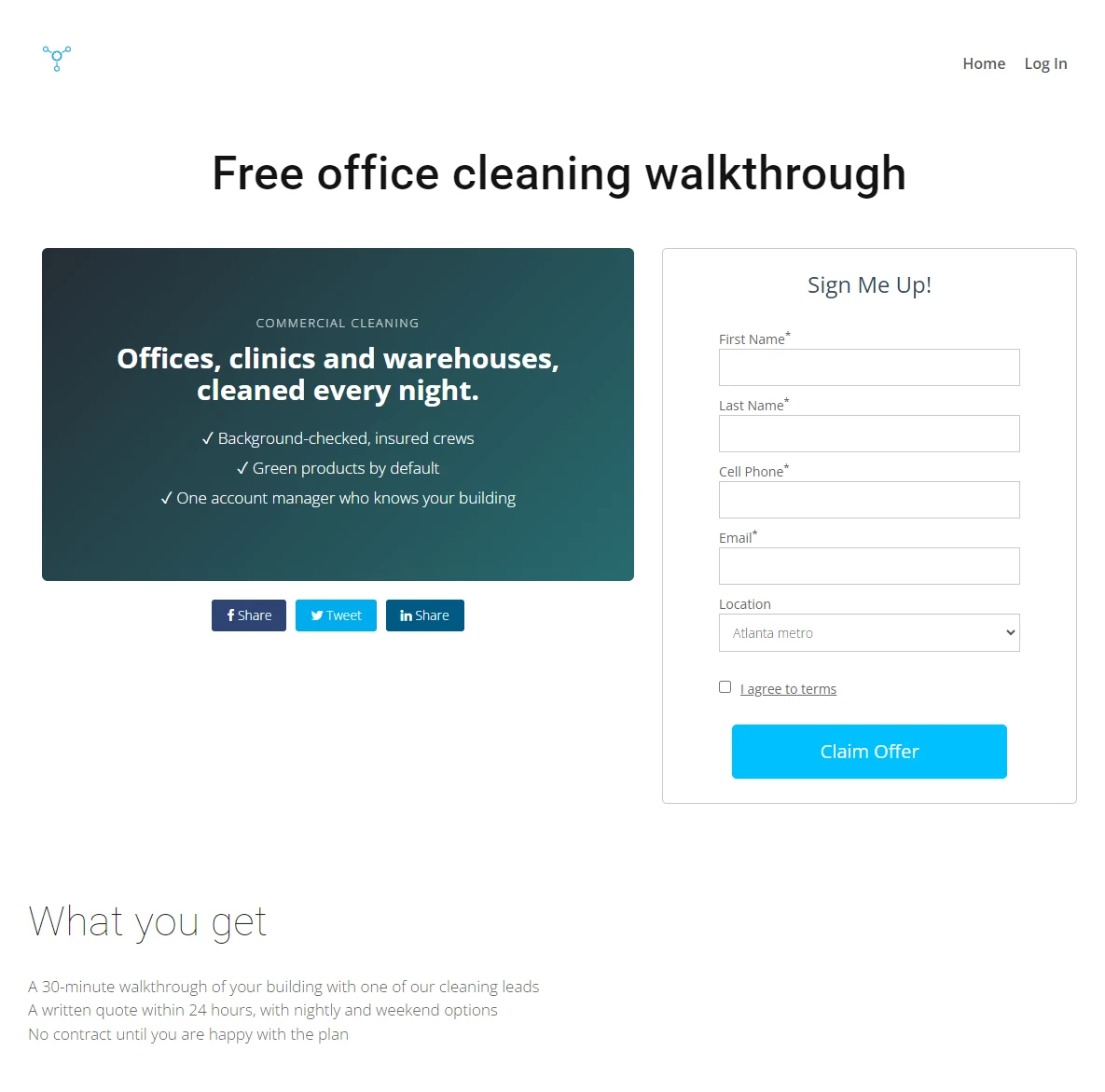 Free office cleaning walkthrough offer page with share buttons and a sign-up form for name, phone, email and service area