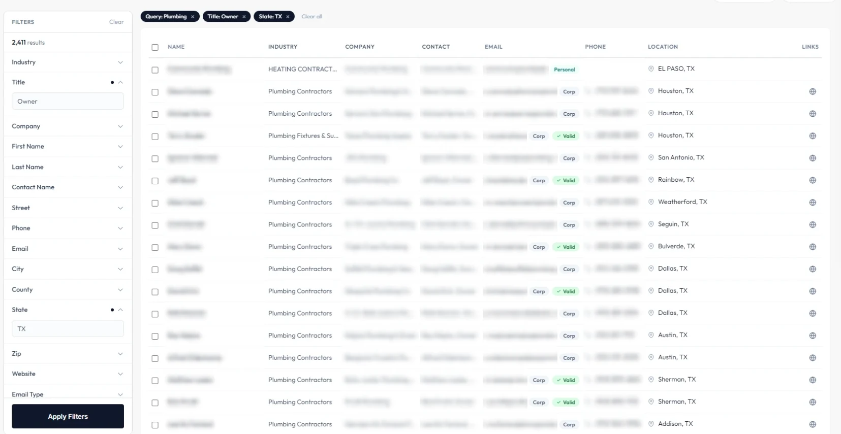 Business Data search for plumbing business owners in Texas: 2,411 results with industry, location and email type and validity for each, contact details blurred