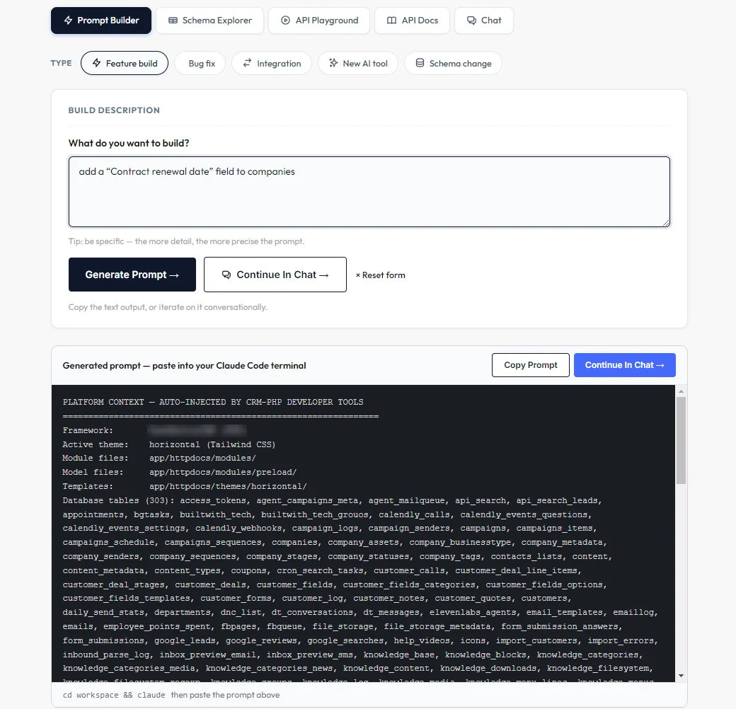 Prompt Builder with a Feature build request to add a Contract renewal date field to companies, and the generated prompt for Claude Code listing the platform's files and database tables