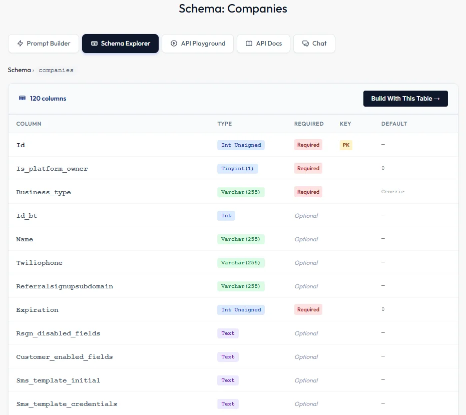 Schema Explorer showing the companies table: 120 columns, each with its type, whether it is required, its key and its default value
